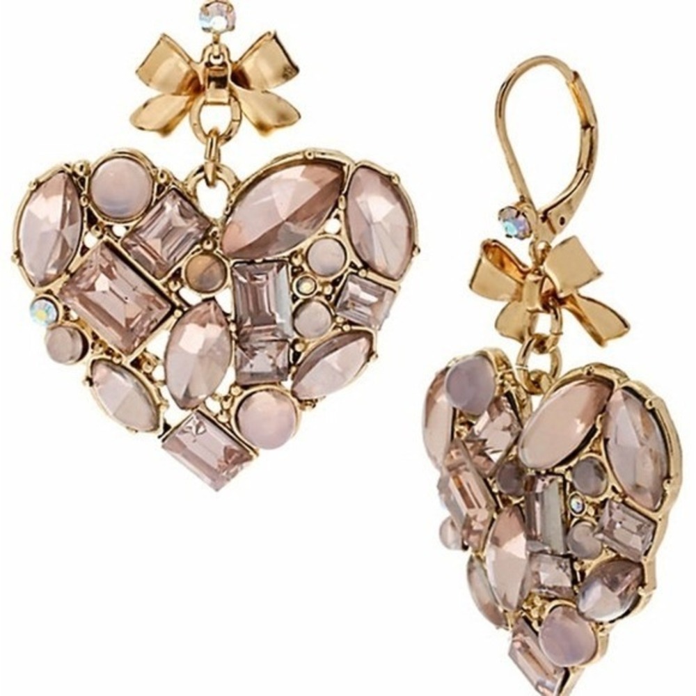 Betsey Johnson Happy Pretty Pink Gold Tone Crystal Heart Drop Earrings Mosaic
